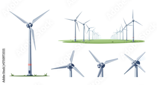 Collection of Wind Turbines Generating Clean Energy on White Background.
