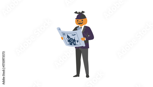 Pumpkinheaded architect reviews haunted house blueprints for a spooky Halloween project