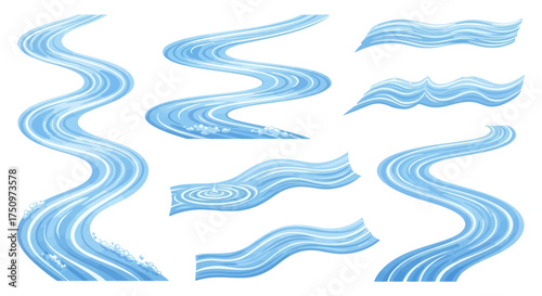 Stylized Blue Water Streams and Wavy River Flow Elements.