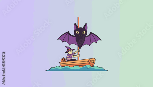 Cute witch sailing with a bat sail and pumpkin for Halloween fun and adventure