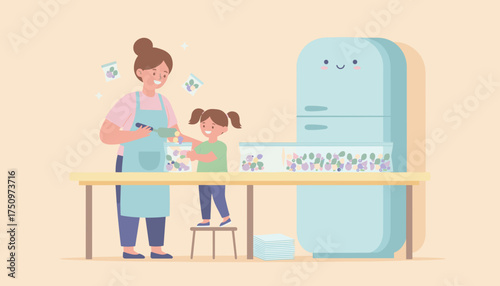 Happy mom and child prepare healthy frozen fruit and vegetable smoothie packs Family kitchen activity