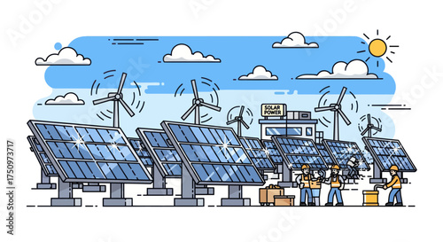 Sustainable Energy Production: Solar Panels and Wind Turbines with Workers.