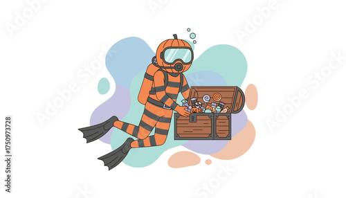Pumpkin diver in striped suit opens treasure chest full of Halloween candy Fun holiday theme
