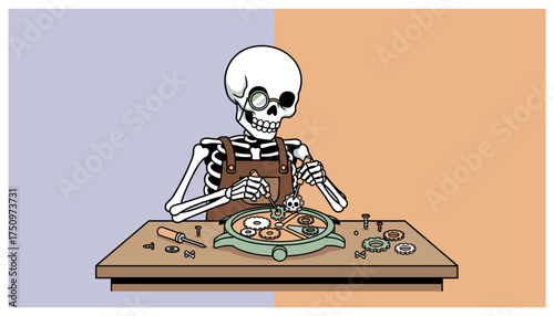 Skeleton watchmaker meticulously assembling a timepiece at a workbench showcasing precision