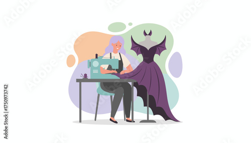 Creative designer sewing a unique Halloween bat dress for costume or event