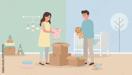 Joyful couple preparing nursery for babys arrival organizing clothes and toys Parenthood concept