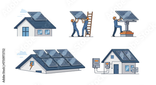 Diverse Illustrations of Solar Panel Installation and Functionality on Residential Buildings.