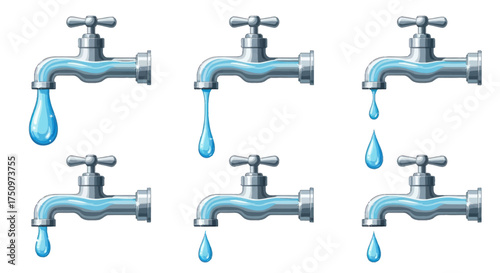 Collection of Cartoon Water Faucets with Dripping Water Drops.