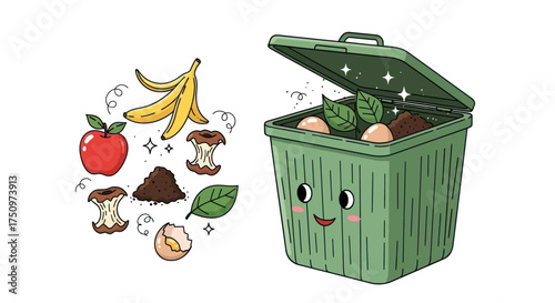 Green Compost Bin with Food Scraps and Organic Waste Illustration.