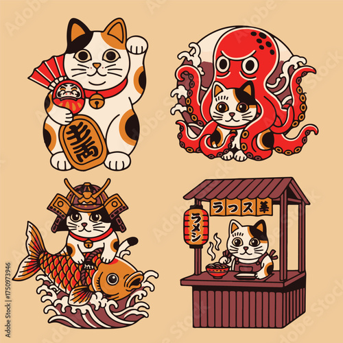 japanese cat illustration asset