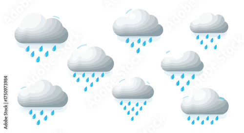 Collection of fluffy white clouds raining blue droplets representing weather.