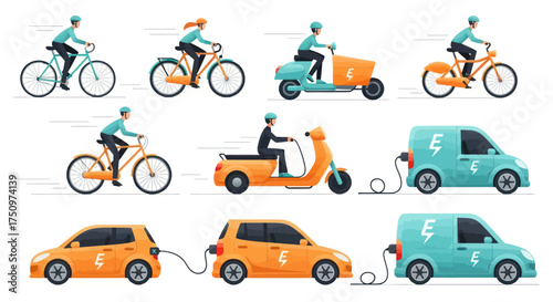 Diverse Electric Vehicles and Cyclists in Motion.