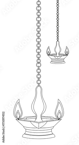 Traditional Indian Hanging Oil Lamps (Deepam or Diya) Black and White Line Art Illustration - Hindu Festival and Temple Lighting Outline