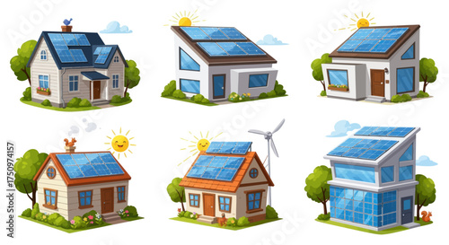 Collection of Houses with Solar Panels and Renewable Energy Sources.