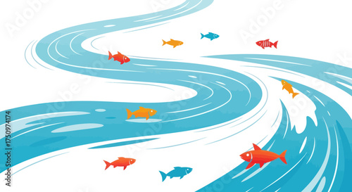 Stylized illustration of a winding blue river with colorful fish swimming in the current.