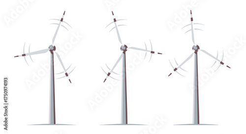 Three white wind turbines with rotating blades on white background.