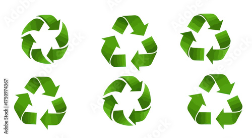 A collection of six glossy green 3D recycling symbols with chasing arrows.