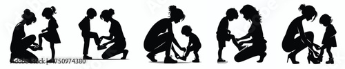 vector silhouette of mother helping child to lace up shoes