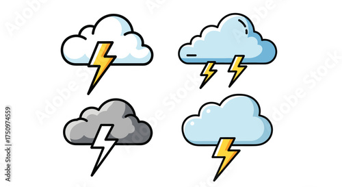 A set of four cartoon weather icons depicting thunderstorms with clouds and lightning bolts.