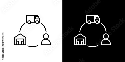 Delivery logistics icons showing a truck delivering goods to a warehouse and a person, isolated on white and black backgrounds