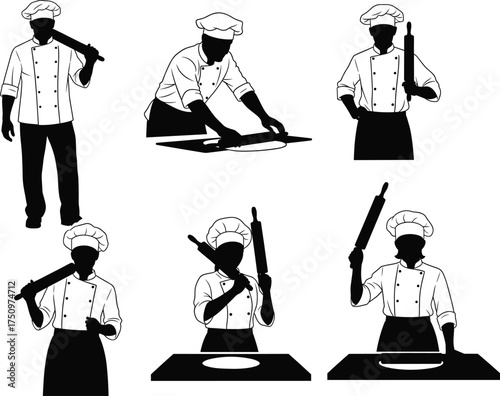 Chef silhouette with rolling pin, baking preparation poses, kitchen staff illustration, culinary action, dough making, black and white cooking scene