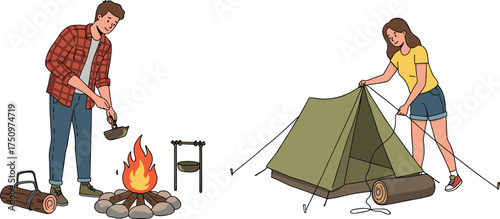 Camping activity, outdoor cooking, tent setup, campfire scene, survival skills, nature trip, teamwork, forest life, adventure, camping gear, ladle, kettle, sleeping mat, rope stakes, red plaid