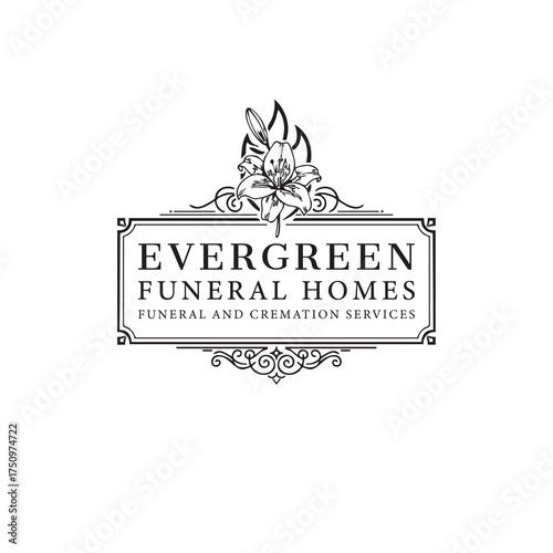 A detailed lily is showcased in a refined logo, set against an ornate bordered frame. This design symbolizes dignity and tranquility, making it ideal for funeral and cremation services.