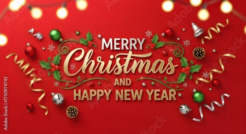 Christmas and New Year typographical on red background with