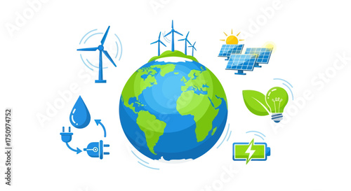 Earth surrounded by renewable energy sources and symbols of sustainability.