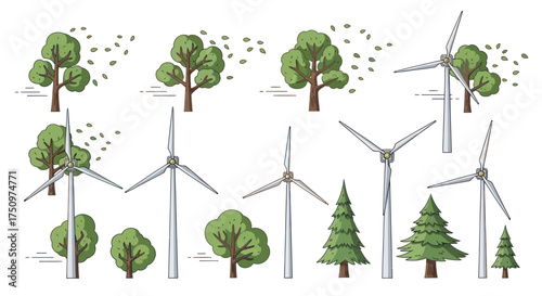 Hand-drawn Wind Turbines and Trees Illustration Set.
