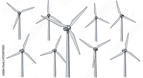 Collection of Wind Turbines Generating Clean Energy Illustration.