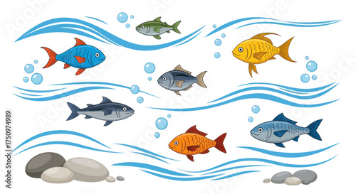 Colorful Cartoon Fish Swimming in Wavy Water with Bubbles.