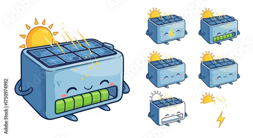 Cute cartoon solar panel battery character mascot set showing charging levels and emotions.