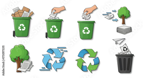 Collection of Green Recycling Bins and Environmental Icons.