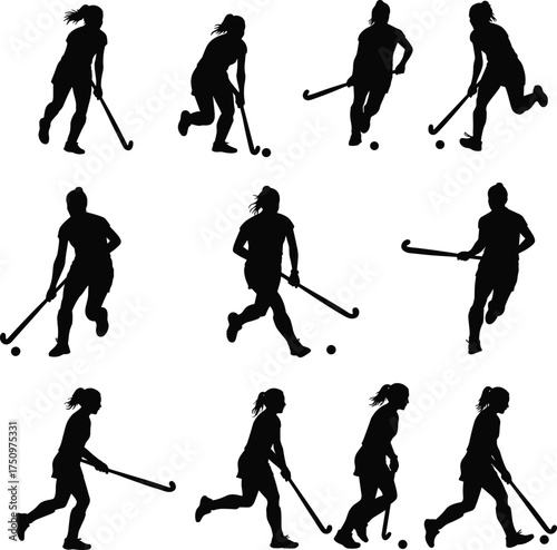 Field hockey silhouette illustration, dynamic player poses, black and white design, sports action sequence, ball and stick technique, athletic movement concept