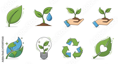 Collection of Eco-Friendly Icons Representing Growth and Sustainability.