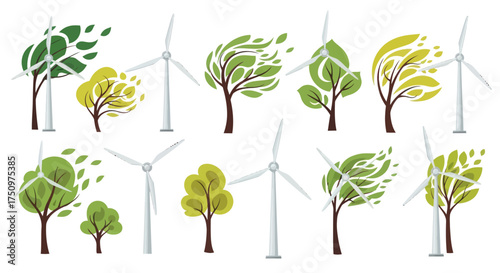 Collection of Wind Turbines and Stylized Green Trees.