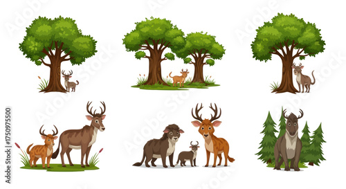 Cartoon forest animals and trees in a whimsical illustration.
