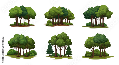 Collection of Cartoon Forest Patches with Green Trees and Foliage.