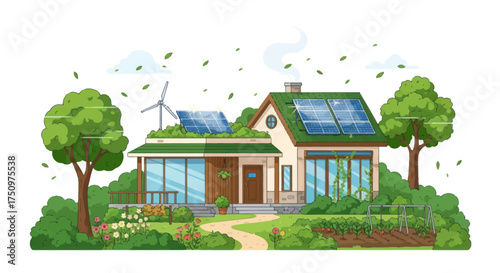 Eco-friendly modern house with solar panels and wind turbine.