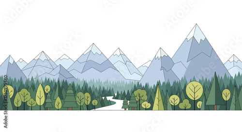 Stylized panoramic illustration of a green forest and a winding road leading to snow-capped mountains.