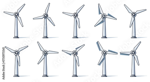 Multiple Wind Turbines in Various Rotational Positions Against a White Background.