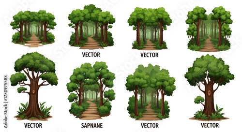 Artistic Illustrations of Forest Paths with Lush Green Trees.
