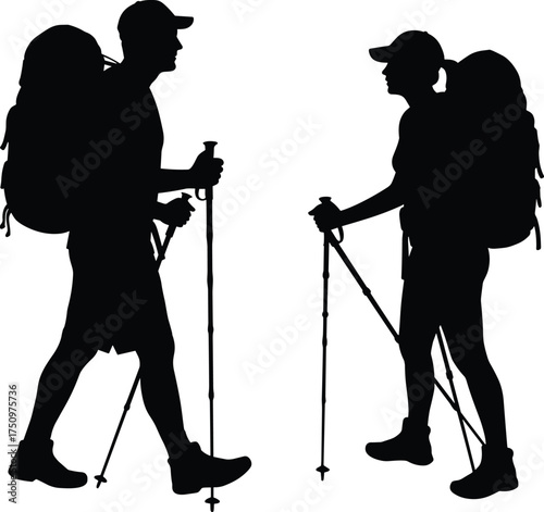 Hiking silhouette with backpacks, trekking poles illustration, outdoor adventure pose, mountain gear, black and white design, nature exploration, travel lifestyle concept