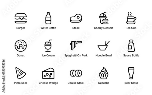 A detailed collection of gourmet food and drink icons including beer, desserts, pizza, noodles, steak, and beverages for menus or apps.