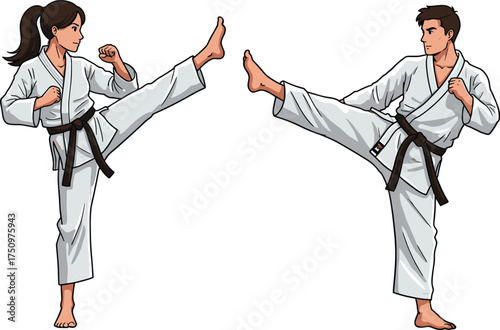 Karate practice, martial arts, high kick, black belt, white gi, combat pose, discipline, training, sparring, defense, technique, fitness, strength, balance, martial stance, karate duo