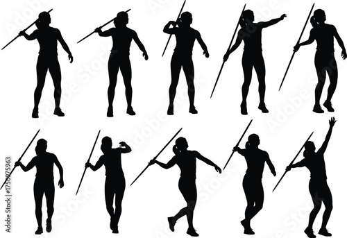 Javelin throw silhouette illustration, motion sequence poses, black and white design, athletic technique, sports training concept, dynamic launch progression