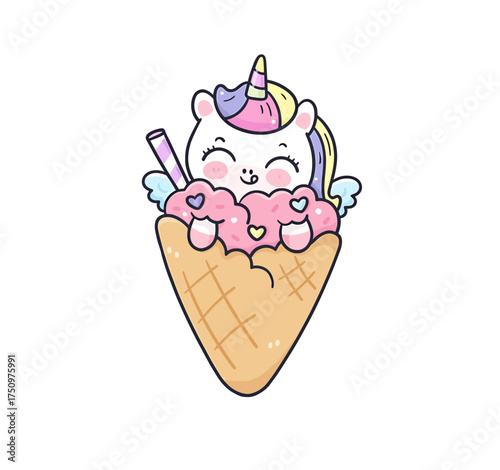 A cute cartoon unicorn with a rainbow horn and wings sitting in an ice cream cone with pink cotton candy and hearts.