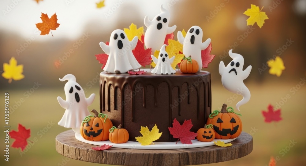 Obraz premium A Halloween-themed chocolate cake with ghost decorations and autumn leaves in the background.