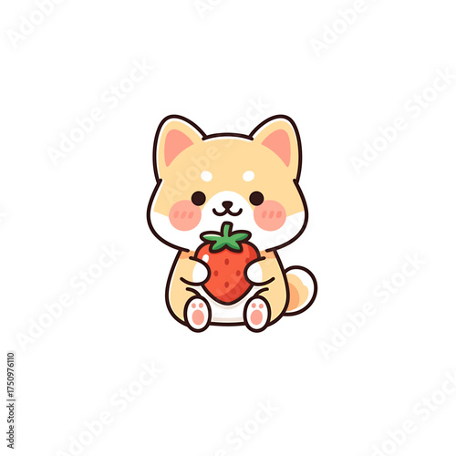 Cute cartoon Shiba Inu dog holding a big red strawberry, smiling happily.